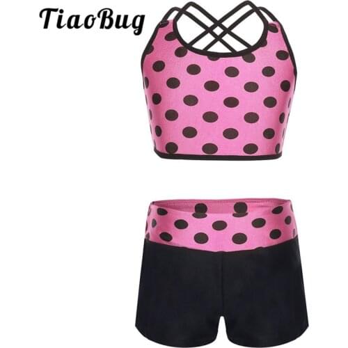TiaoBug Kids Teens Polka Dots Dance Workout Crop Top with Shorts Tankini Set Girls Gymnastics Suits Children Sports Dance Wear