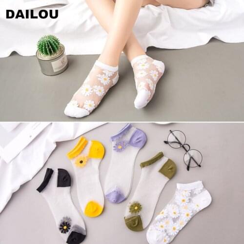 Summer glass socks women cute breathable thin small daisy sunflower crystal socks Japanese stealth happy girl boat socks hot