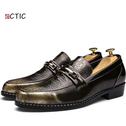 Ecitc Faux Crocodile Slip on Dress Loafers Quality Metal Decoration Moccasins Sewing Treat Formal Dress Flats Shoes Dropshipping