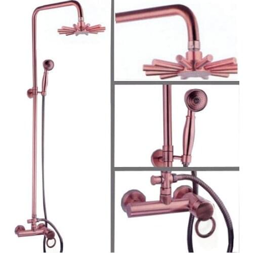Antique Red Copper Wall Mounted Rain Bathroom Rainfall Shower Faucet Set Single Handle Mixer Tap 2rg011