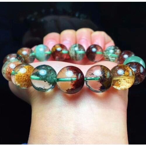 Certificate Natural Colorful Phantom Quartz Crystal Round Beads 13.5mm Woman Man Bracelets Bangle Phantom Bracelet AAAAAA