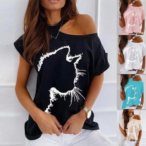 2021 Summer New Fashion Sexy O Neck Hollow Out Womens T Shirt Tops Casual Solid Short Sleeve Cat Print Lady Plus Size T Shirts