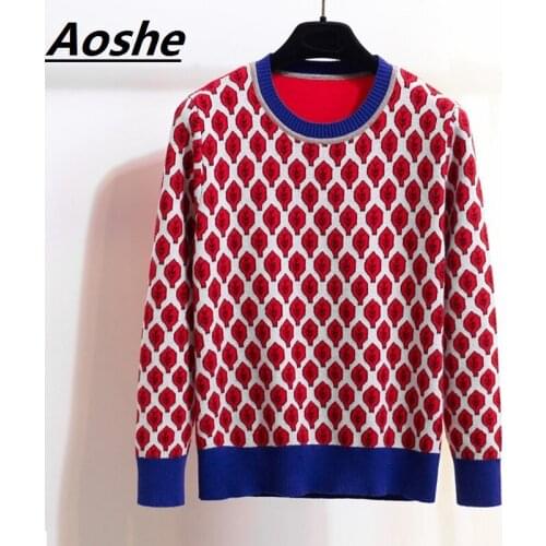 Aoshe Pullover 2018 Spring Preppy Stylish Knit Tops Leaves Jacquard Luxury Chic Vintage Sweater Women Jumper Pull Femme