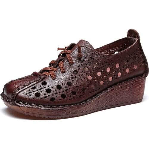 Women sandals Flat Summer Cross strap Hollow Wedge Round Toe Genuine Leather Driving Casual Slip On Solid Platform Sandals