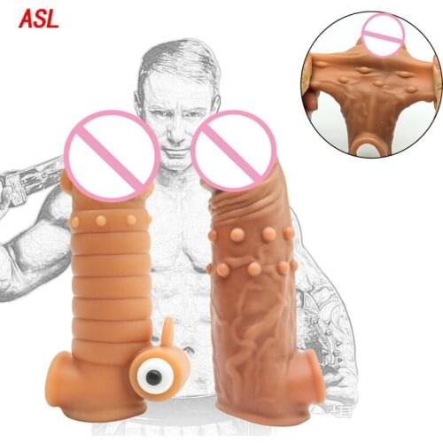 Silicone Dick Penis Sleeve For Male Penis Enlargement Reusable Spiked Condoms Penis Extender Rings With Vibrator Intimate Goods