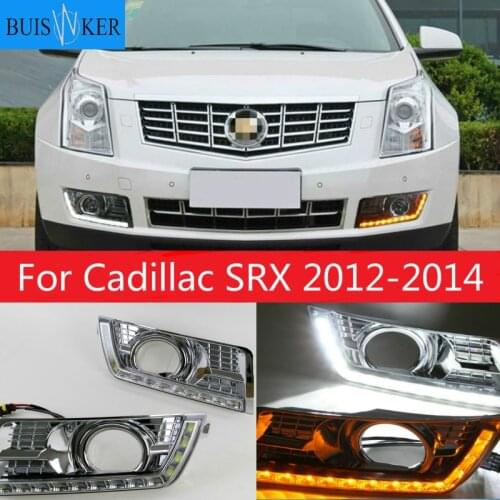 For Cadillac SRX 2 2012-2014 LED DRL with Yellow Turning Lights Chrome Fog Lamp Cover LED Daytime Running Light