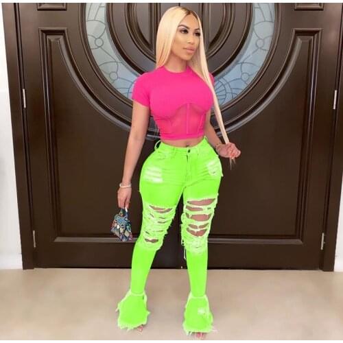 Street Neon Green Pink Sexy High Waist Jeans Pants Women Stretchy Holes Casual Denim Trousers Streetwear Plus Size Pencil Pants
