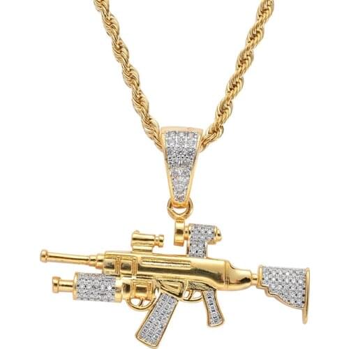 Hip Hop CZircon Paved Bling Iced Out Sniper Rifle Gun Pendants Necklace for Men Rapper Jewelry Gold Silver Color Two Tone Color