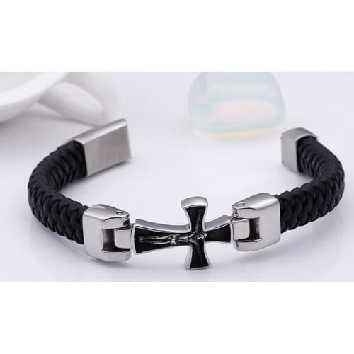 Vintage 12mm Width Braided Leather Bracelets For Men 22.5cm Long Stainless Steel Cross Jesus Charm Bracelets Male Jewelry