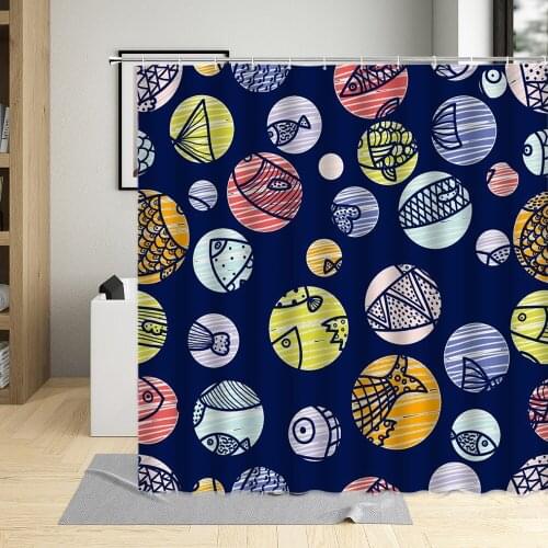 Hand Drawn Colorful Fish Cartoons Kids Bathroom Decor Sea Animals Blue Background Shower Curtain For Girls Boys Bath Curtains