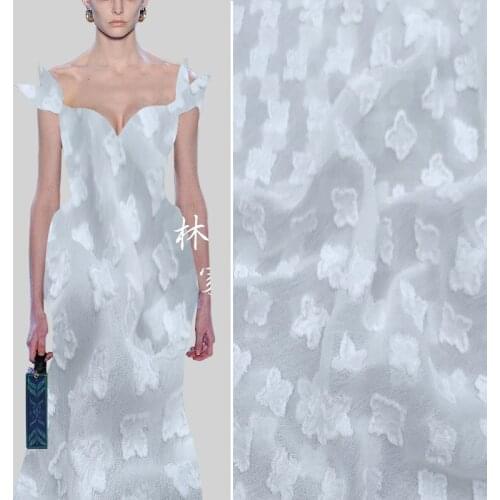 Jacquard Fashion Chiffon Fabric White Four Petal Flower Drape Crepe De Chine Solid Color Dress Shirt Cheongsam Clothing Fabric