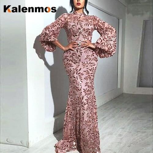 Womens Party Dress Elegant KALENMOS Sexy Petal Print Big Swing Type Sheath Flare Long Sleeve Empire Summer New CHIC Maxi Dresses