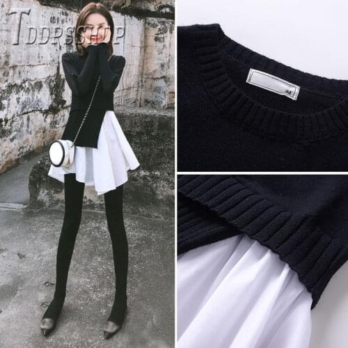 2019 Fake Two Pieces Patchwork Women Sweater Korean Pullover Female Sweaters