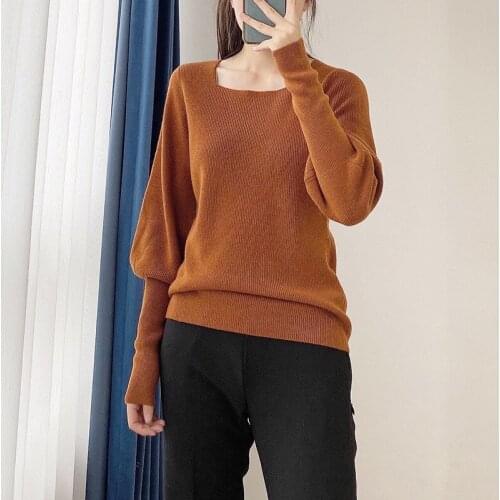 Women Sweater Retro Square Neck Lantern Sleeve Long Sleeve Two-color Wool Knitted Sweater