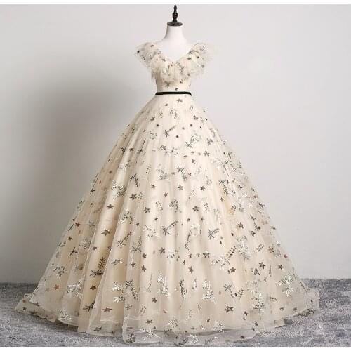 Puff Sleeve Quinceanera Dress 2021 Classic V-neck Party Prom Ball Gown Floral Print Quinceanera Dresses With Train Customize