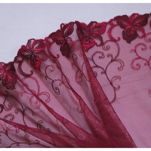 1 Meter 22 CM Width Wine Red Flowers Embroidered Lace Trim All Seasons Mesh Lingerie Bra Underwear Handmade Dress Sewing Fabrics