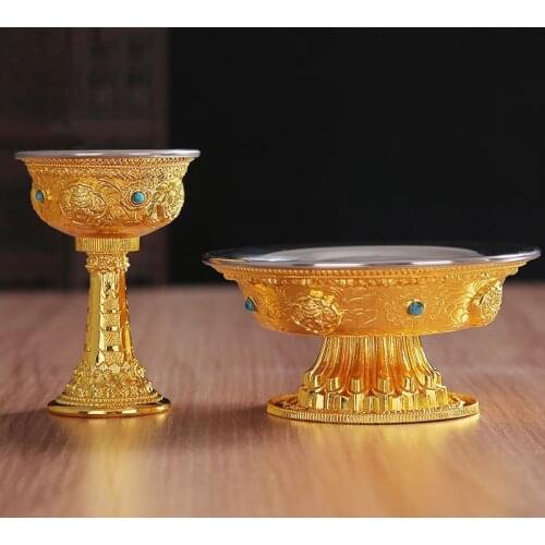 2pcs/Set Tibetan Relief Nepalese Craft Gilt Dharma Ware Eight Auspicious Ornaments Protecting Dharma Plate Large Size Buddha Cup