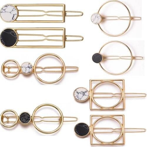 2019 Retro Fashion Women Girls Metal Circle Square Hair Clips Natural Stone Hairpins Barrettes Wedding Hair Clip Accessories