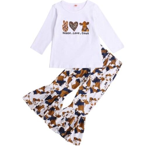OPPERIAYA Kids Toddler Baby 2Pcs Fall Cotton Outfits Cartoon Print Long Sleeve Round Neck Tops Flare Pants Casual Set