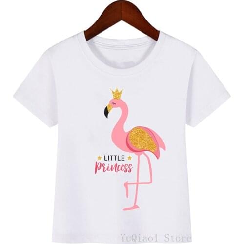 Golden gliter flamingo little princess animal print girl t-shirt kids harajuku kawaii fruit tshirt boy clothes funny t shirts