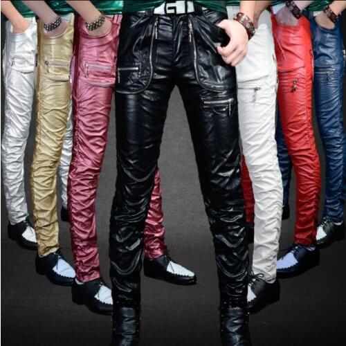Personality slim men faux leather pants motorcycle pu pant men feet trousers fold fashion pantalon homme casual punk zipper