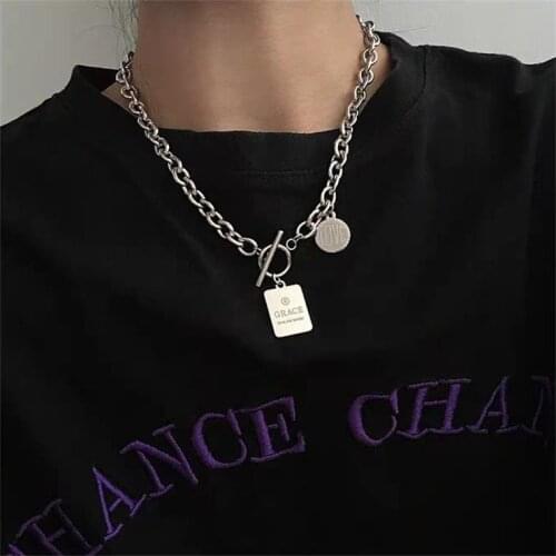 Harajuku dark wind hiphop round square card combination letters stainless steel short necklace titanium steel clavicle chain