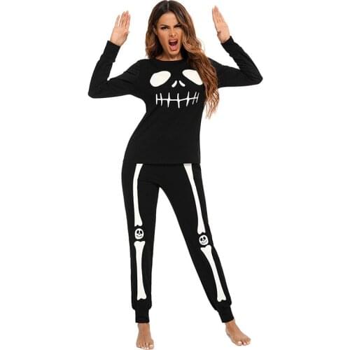 Cosplay Costume For Women Street Style Skull head priting women causal suit shirt and pant 2pcs set Halloween wearing