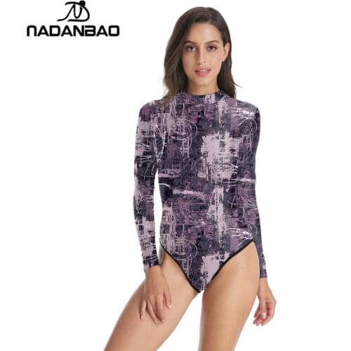 Hot Sale Surfing Beach Wear Retro Graffiti Printed Women Swimwear Loog Sleeve Zippered Bathing Suit One Piece Swimsuit B120-017