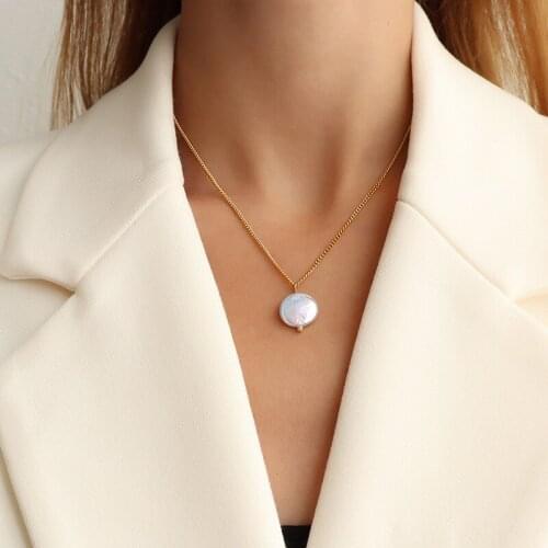 Minar Minimalist Geometric Circle Baroque Pearl Pendant Necklace for Women Gold Color Titanium Steel Thin Chain Necklace Jewelry