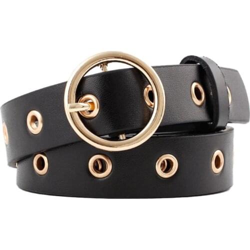 Women Fashion High Quality Belt Round Buckle Eyelets Adjustable Faux Leather Belt Jeans Pants Waistband