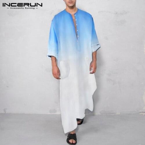 INCERUN Men Jubba Thobe Islamic Arabic Muslim Kaftan Button Gradient Long Sleeve Robes Casual Middle East Dubai Abaya Caftan Men