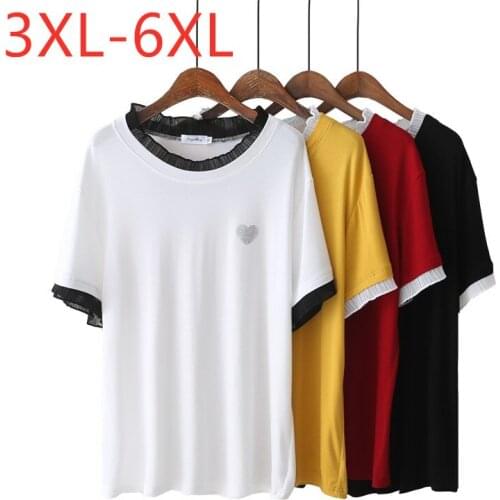 New 2021 Ladies Summer Plus Size Tops For Women Large Short Sleeve Loose Modal Cotton White Lace O-neck T-shirt 3XL 4XL 5XL 6XL