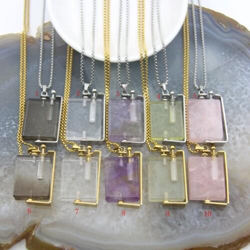 Polished Rectangle Quartz Crystal Perfume Bottle Pendants Necklace,Healing Natural Gemstone Essential Oil Diffuser Vial Charms