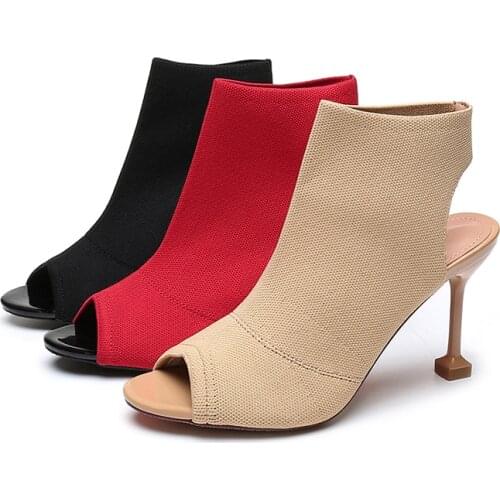 Sandals womens shoes summer new style fish mouth knitted stretch summer high heels fairy style womens shoes tide X847