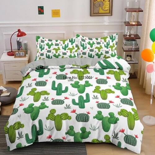 Modern Green Cactus Plant Down Bedcover Pillowcase 2/3 Cartoon Children Bedroom Single Double Queen Size Bedding Set