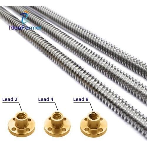 2 Set T8 Diameter 8mm Pitch 2mm Lead 2/4/8mm Trapezoidal Spindle Lead Screw Length 200/250/300/400/450/500/600mm with Brass Nut