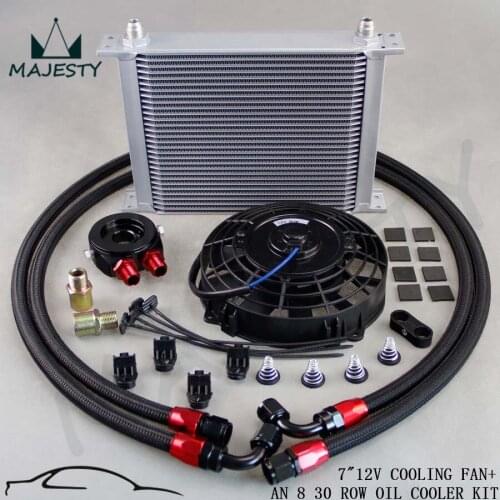 Universal 30 Row engine Transmission 8AN Oil Cooler KIT+ 7" Electric Fan Kit Black