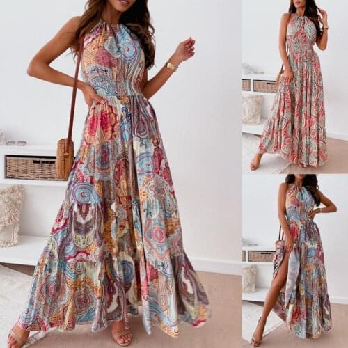 New Vintage Party Dresses For Women Floral Print Ethnic Print Wide Hem Dress Vintage Women Halter Backless Dress for Daily Wear