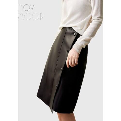 Novmoop dense sheepskin genuine leather women skirt straight patterned snap design elegant and classic LT3294