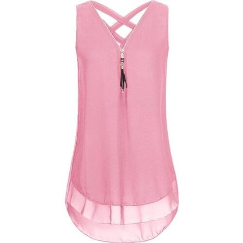 2021 New Summer Plus Size Lady Solid Color Casual V Neck Sleeveless Loose Chiffon Zipper Tanks Hollow Out T-Shirts Vest