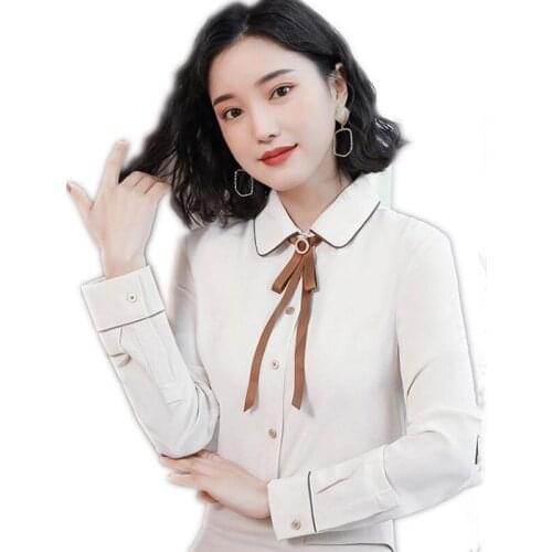 Long Sleeve Chiffon Women Blouses 2019 Fashion Short Autumn Shirts Turn-Down Collar Bow Female Tops Casual Blouse Mujer Q1216