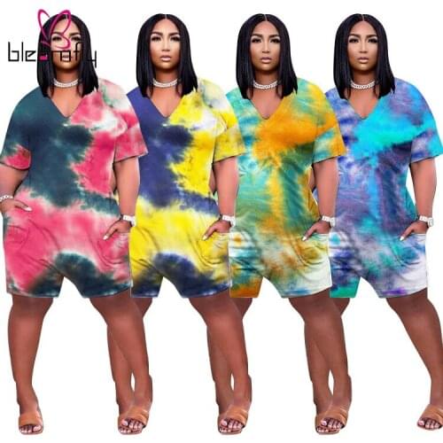 Summer Plus Size Tie Dye Printing Jumpsuit L~5XL Elegant One Piece Rompers Vintage Body Femme Short Club Party Playsuit 2021