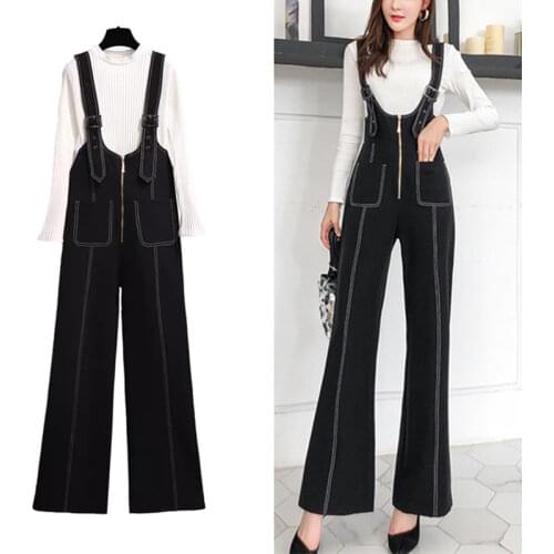 2021 Spring Autumn Womens Long Sleeve Knit Bottoming Shirt + Wide Leg Denim Pants Jumpsuit 2 pcs sets Female Fashion Suits