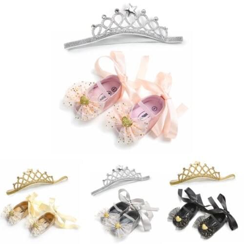 Newborn Toddler Infant Baby Girl Soft Sole Crib Lace Bow Princess Shoes+Headband 2pcs