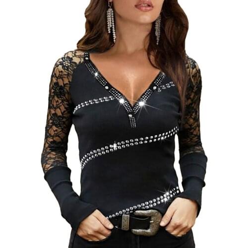 Lace Sequin Blouses Office Lady for Women Slim Fit Blouse Fashion Chic Elegant Shirts Fashion V-Neck Long Sleeve Blouse Tops
