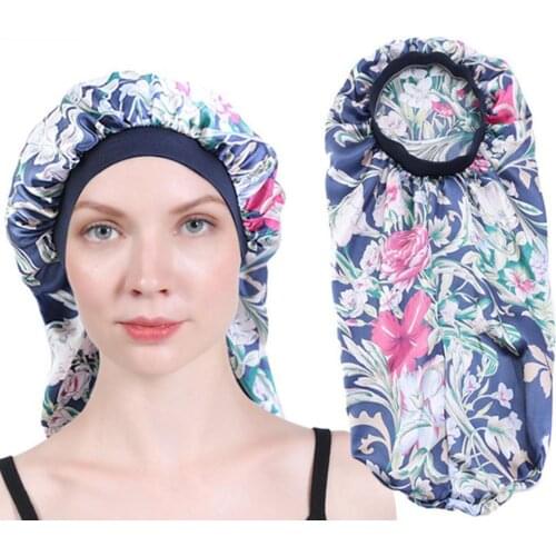 New Fashion Night Sleep Long Satin Bonnet Sleep Cap Floral Print High Elasticity Soft Comfortable Beauty Hair Care Hat Hair Wrap