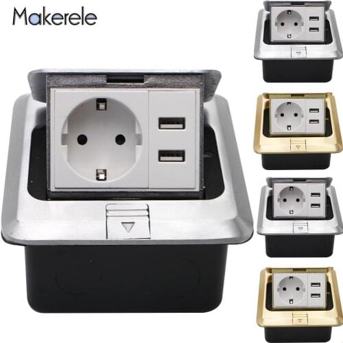 2F Series 16A 110~250V EU Quick / Slow Pop Up Floor Socket Floor Socket Box With 2.1A USB 2 Way Electrical Switches