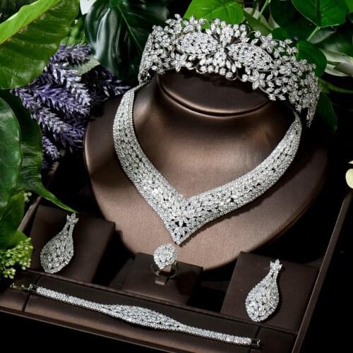 HIBRIDE Classic Water Drop Pendientes Necklace Headband Tiaras Princesas 5PCS Full Cubic Zirocnia White Gold Color Women N-1619