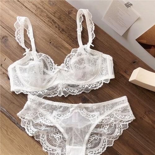 Wriufred Transparent bra perspective ultra-thin sexy lace underwear set female light luxury gathered breathable lingerie sets
