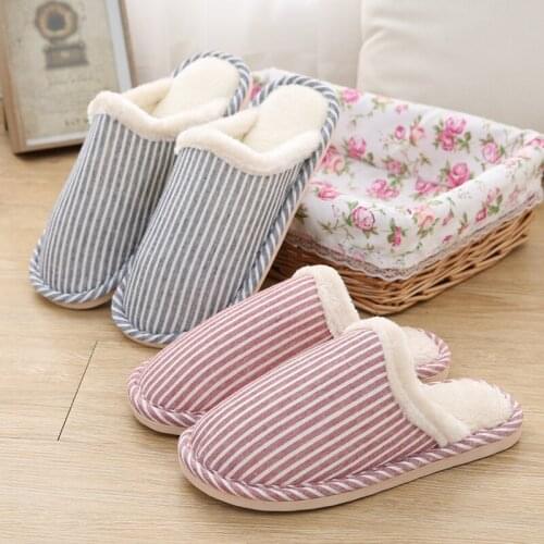 Hot Male Autumn And Winter Slipper Stripe Print Household Cotton Shoes Women Home Indoor Soft Shoes Antiskid Simple Slipper
